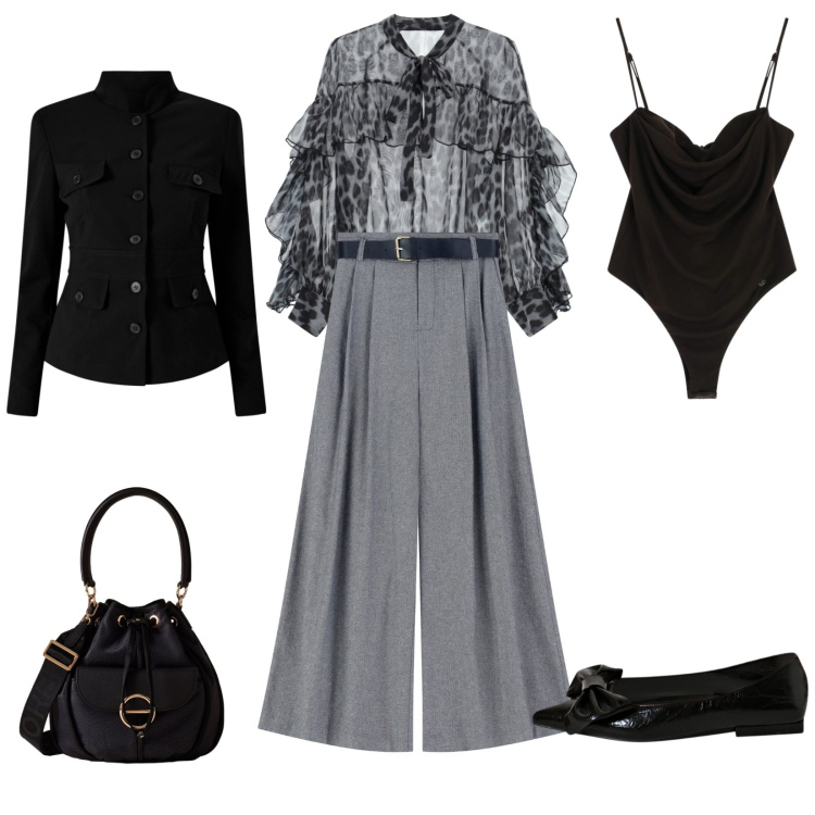 Outfit donna - Total look #2291410. Stile Chic per Serata fuori. Abbinamento con body, ballerine, blazer, bluse, pantaloni a palazzo, borse a secchiello.
