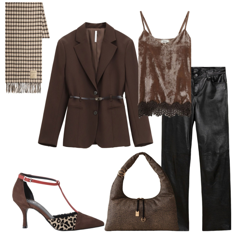 Outfit donna - Total look #2291412. Stile Chic per Serata fuori. Abbinamento con pantaloni, blazer, borse a spalla, décolleté, top, sciarpe.