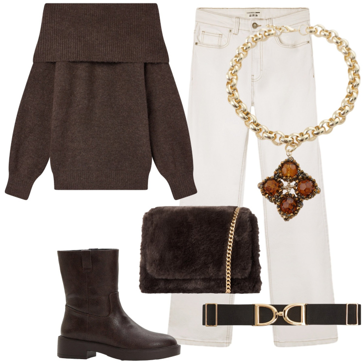 Outfit donna - Total look #2291418. Stile Boho per Tutti i giorni. Abbinamento con stivaletti, maglieria, jeans bootcut, cinture, borse a tracolla, collane.