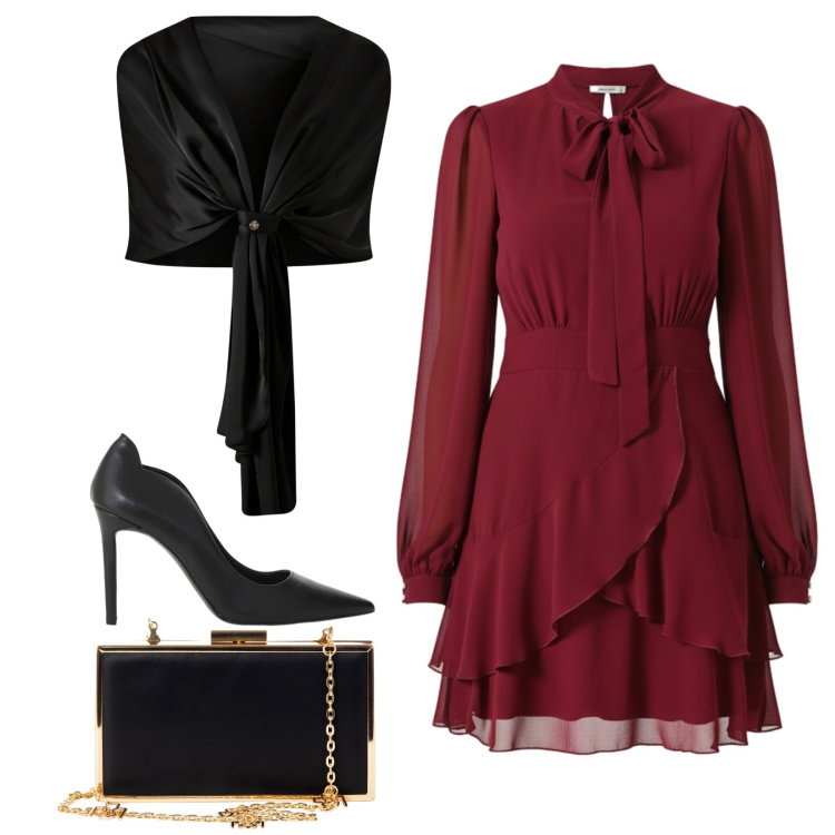 Outfit donna - Il mini abito bordeaux con le ruches. Stile Bon Ton per Serata fuori. Abbinamento con scialli, vestiti corti, pochette, décolleté.