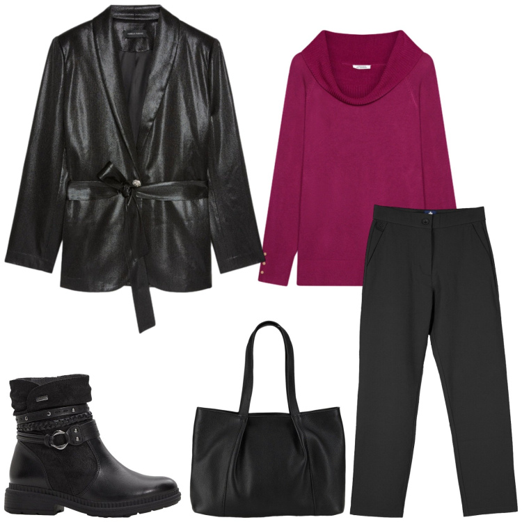 Outfit donna - Total look #2291428. Stile Casual per Tutti i giorni. Abbinamento con stivaletti, shopping bag, pantaloni chino, maglieria, blazer.