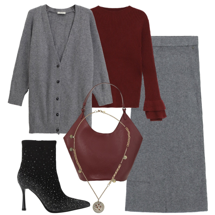 Outfit donna - City. Stile Urban per Tutti i giorni. Abbinamento con maglieria, stivaletti, gonne lunghe, cardigans, ciondoli, borse a spalla.