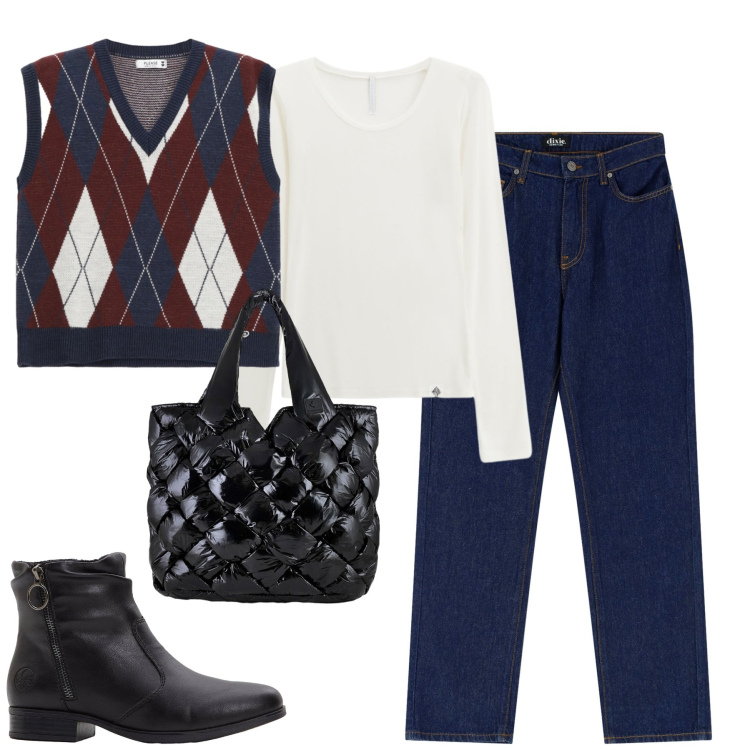 Outfit donna - City. Stile Casual chic per Tutti i giorni. Abbinamento con stivaletti, gilet, t-shirt, jeans dritti, borse tote.