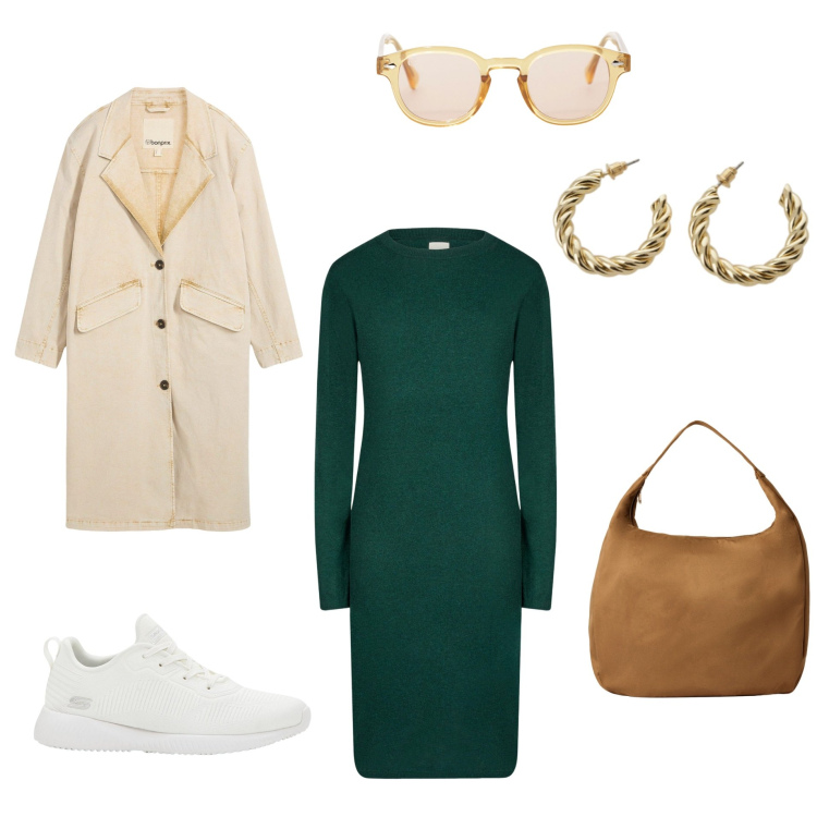 Outfit donna - Morning casual. Stile Casual chic per Tutti i giorni. Abbinamento con sneakers, trench, borse a mano, occhiali da sole, orecchini, vestiti midi/longuette.