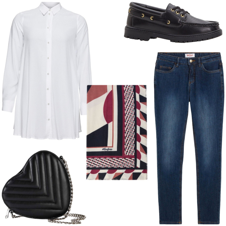 Outfit donna - Camicia e foulard. Stile Preppy per Tutti i giorni. Abbinamento con jeans skinny, camicie, borse a tracolla, mocassini, foulard.