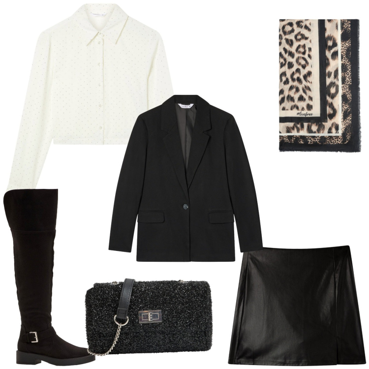 Outfit donna - Audace. Stile Glamour per Tutti i giorni. Abbinamento con stivali sopra il ginocchio, minigonne, camicie, blazer, borse a tracolla, foulard.