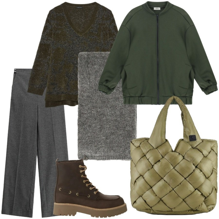 Outfit donna - Total green. Stile Casual chic per Ufficio. Abbinamento con pantaloni a palazzo, stivaletti, bomber, sciarpe, borse tote, maglieria.
