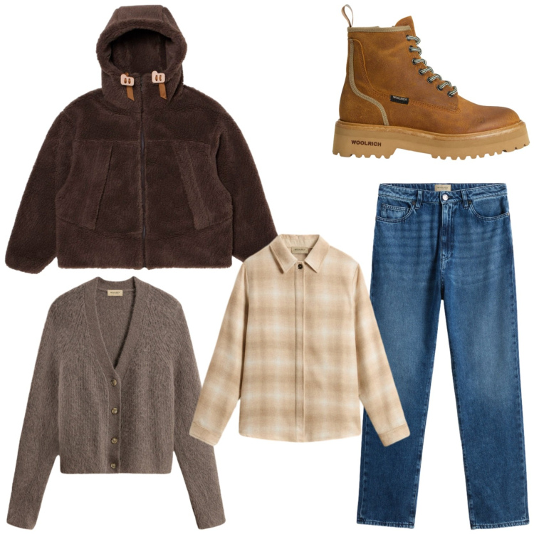 Outfit donna - Weekend in montagna. Stile Casual chic per Tutti i giorni. Abbinamento con parka, anfibi, cardigans, jeans, camicie.