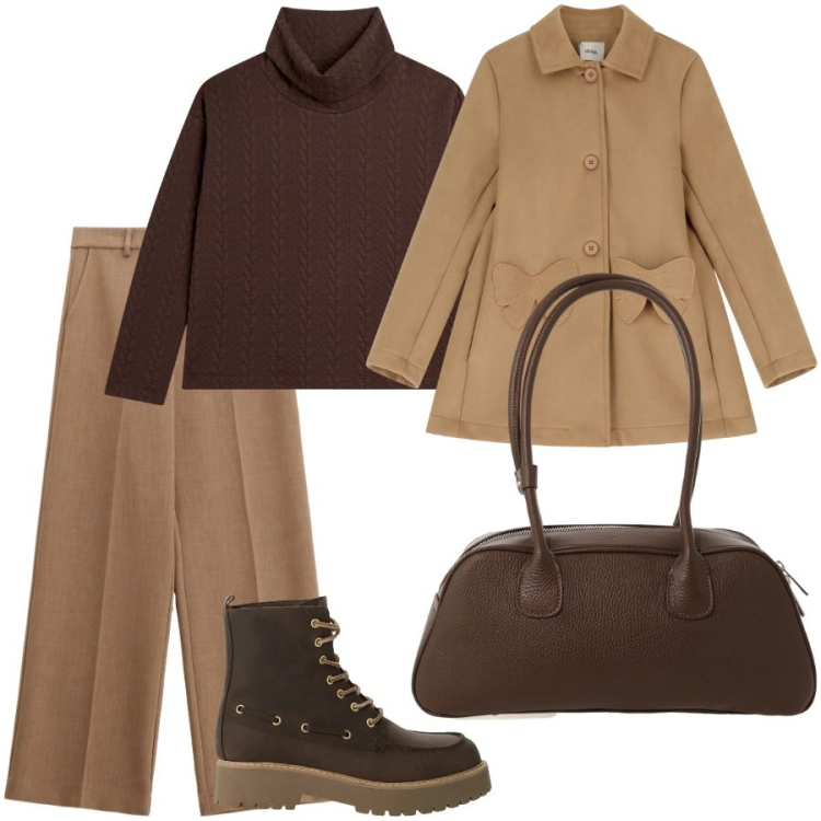 Outfit donna - Total look #2291477. Stile Casual chic per Scuola/Università. Abbinamento con pantaloni, stivaletti, cappotti, borse a mano, maglieria.