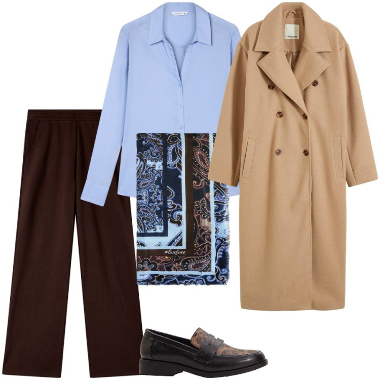 Outfit donna - Total look #2291478. Stile Casual chic per Ufficio. Abbinamento con mocassini, cappotti, pantaloni, camicie, foulard.