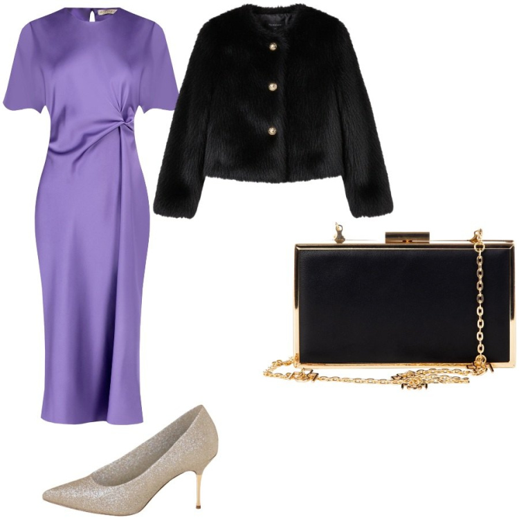 Outfit donna - Total look #2291481. Stile Chic per Cerimonia. Abbinamento con ecopellicce, vestiti midi/longuette, décolleté, pochette.