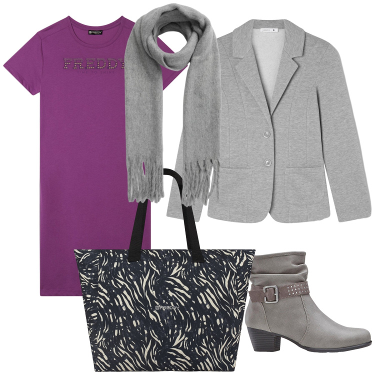 Outfit donna - Quando il viola incontra il grigio. Stile Urban per Ufficio. Abbinamento con stivaletti, blazer, sciarpe, shopping bag, vestiti.