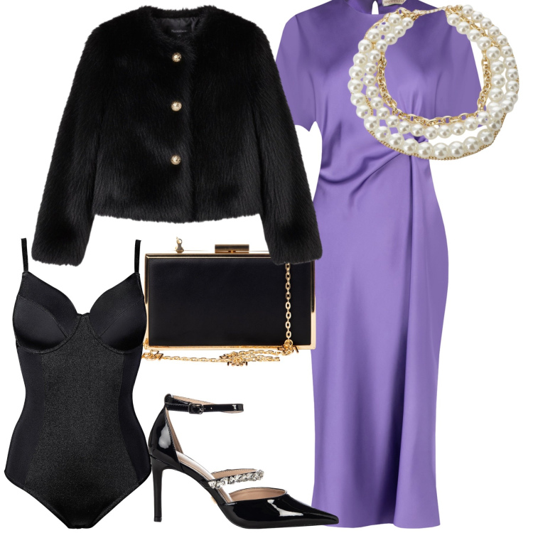 Outfit donna - Viola di sera bel tempo si spera. Stile Chic per Serata fuori. Abbinamento con body, vestiti midi/longuette, pochette, décolleté, ecopellicce, collane.