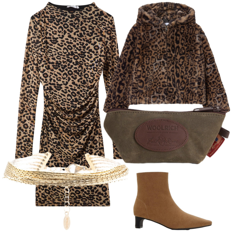 Outfit donna - Il lato chic del maculato. Stile Glamour per Serata fuori. Abbinamento con stivaletti, vestiti midi/longuette, ecopellicce, braccialetti, pochette.