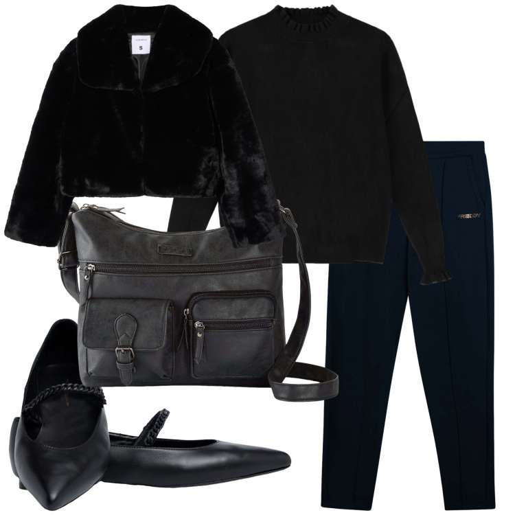 Outfit donna - Look esistenzialista. Stile Basic per Tutti i giorni. Abbinamento con borse a tracolla, ecopellicce, pantaloni, maglieria, ballerine.