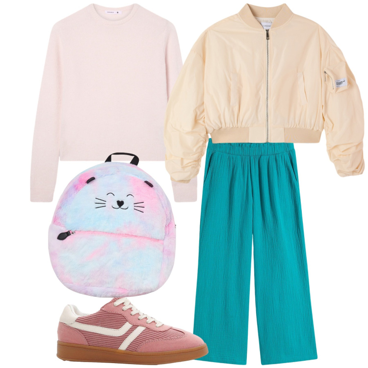 Outfit donna - Sabato mattina offduty. Stile Trendy per Tutti i giorni. Abbinamento con sneakers, pantaloni culotte, bomber, maglieria, zaini.