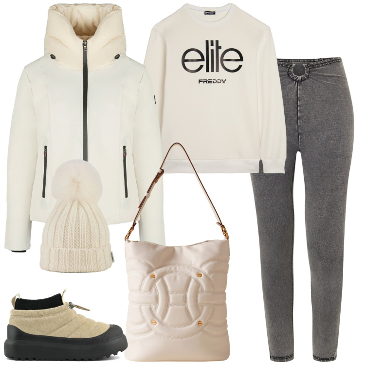 Outfit donna - Nevica. Stile Sporty chic per Tutti i giorni. Abbinamento con borse a secchiello, jeggings, felpe, eskimo, berretti, stivaletti.