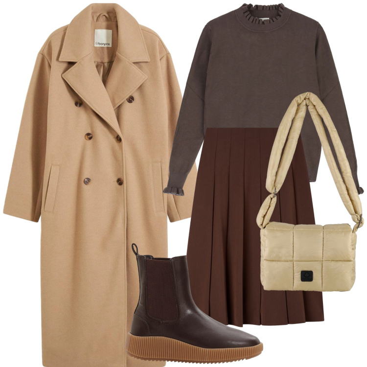 Outfit donna - Lo chic del cappotto cammello. Stile Urban per Tutti i giorni. Abbinamento con cappotti, stivaletti chelsea, gonne lunghe, maglieria, borse a spalla.