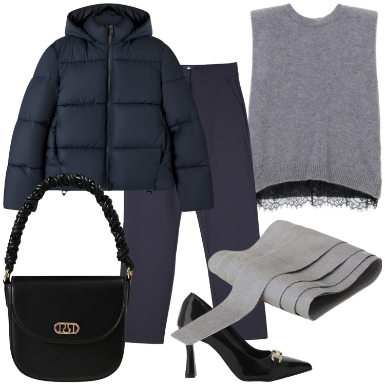 Outfit donna - Chic pomeriggio in centro. Stile Glamour per Tutti i giorni. Abbinamento con borse a mano, bomber, cinture, décolleté, maglieria, pantaloni chino.