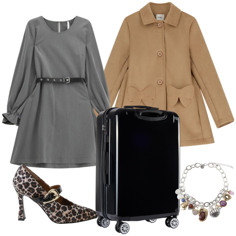 Outfit donna - Un viaggio davvero bon ton. Stile Urban per Tutti i giorni. Abbinamento con décolleté, vestiti corti, valigie, cappotti, braccialetti con ciondoli.