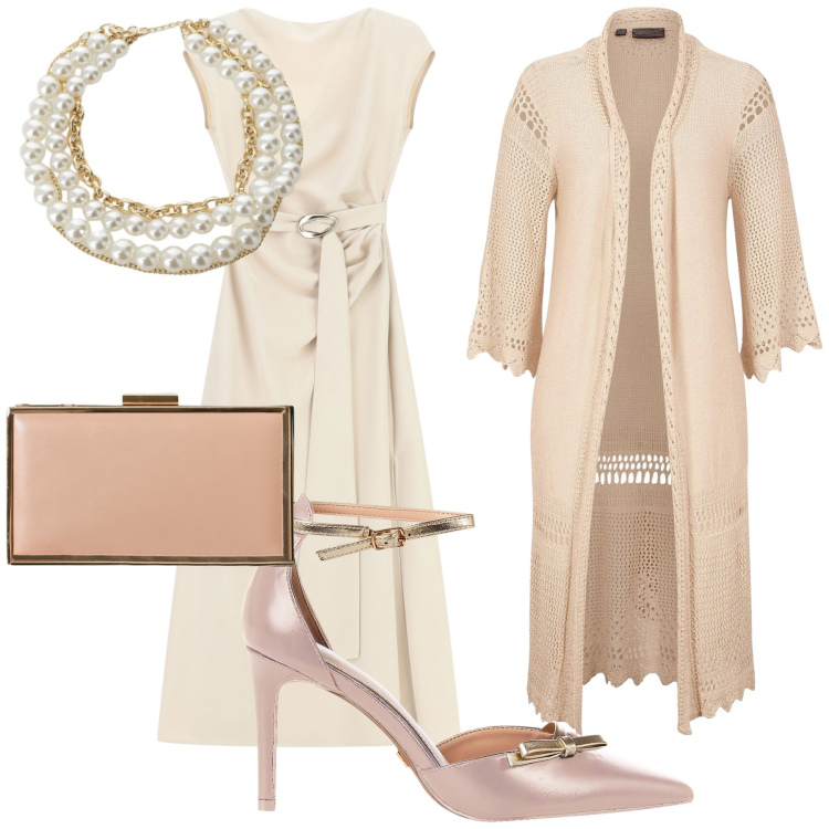 Outfit donna - Matrimonio stamattina. Stile Bon Ton per Cerimonia. Abbinamento con cardigans, décolleté, pochette, vestiti lunghi, collane.