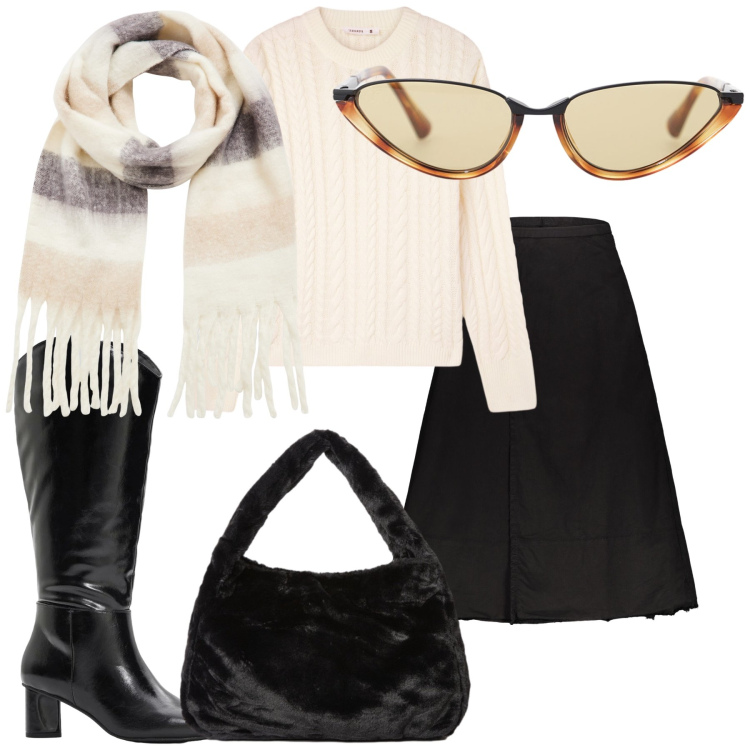 Outfit donna - Saturday. Stile Urban per Tutti i giorni. Abbinamento con stivali, maglieria, sciarpe, occhiali da sole, gonne lunghe, borse a spalla.