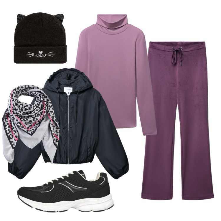 Outfit donna - Sportiva in viola. Stile Casual chic per Sport. Abbinamento con foulard, pantaloni, t-shirt, bomber, sneakers, berretti.