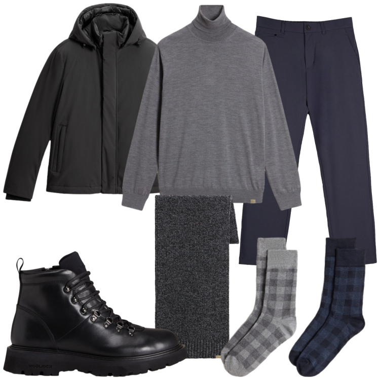 Outfit uomo - Dicembre freddo. Stile Urban per Tutti i giorni. Abbinamento con pantaloni chino, stivali e stivaletti, calzini, sciarpe, giacche, maglieria.