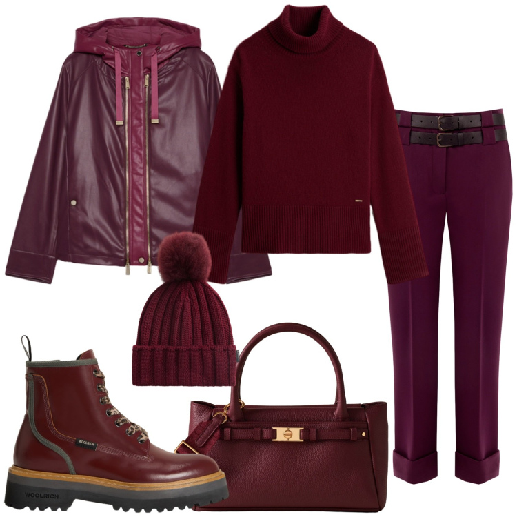 Outfit donna - Dicembre freddo. Stile Trendy per Tutti i giorni. Abbinamento con pantaloni, borse a mano, anfibi, maglieria, berretti, giacche.