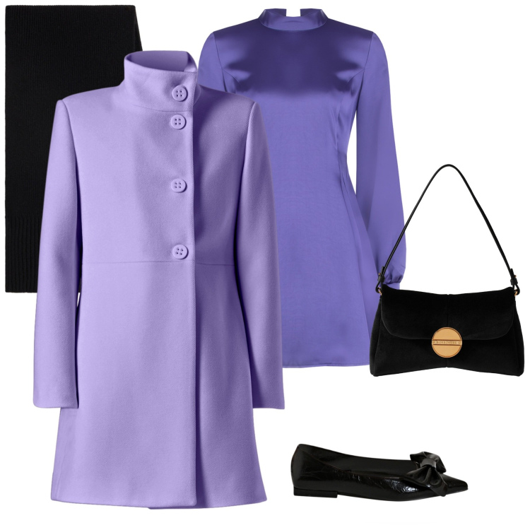 Outfit donna - Novembre purple. Stile Chic per Cerimonia. Abbinamento con cappotti, vestiti corti, ballerine, borse a tracolla, sciarpe.