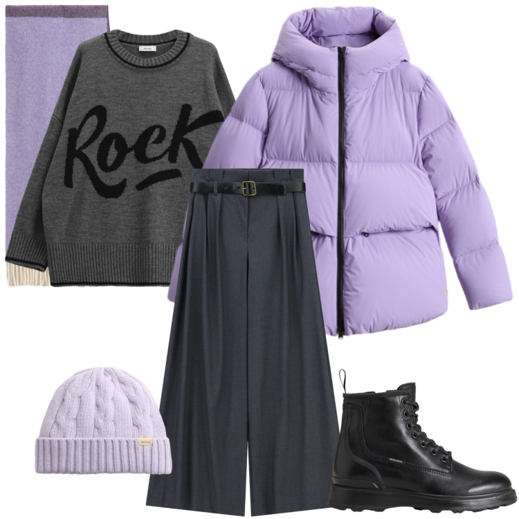 Outfit donna - Novembre purple. Stile Casual chic per Tutti i giorni. Abbinamento con pantaloni a palazzo, maglieria, anfibi, piumini, berretti, sciarpe.