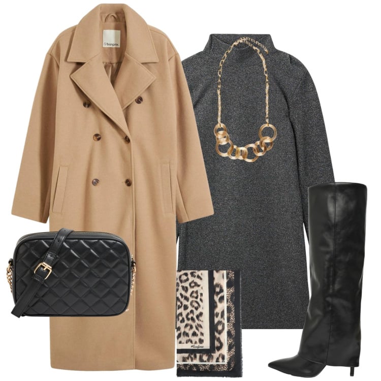 Outfit donna - Novembre. Stile Urban per Tutti i giorni. Abbinamento con cappotti, vestiti corti, stivali, borse a tracolla, collane, foulard.