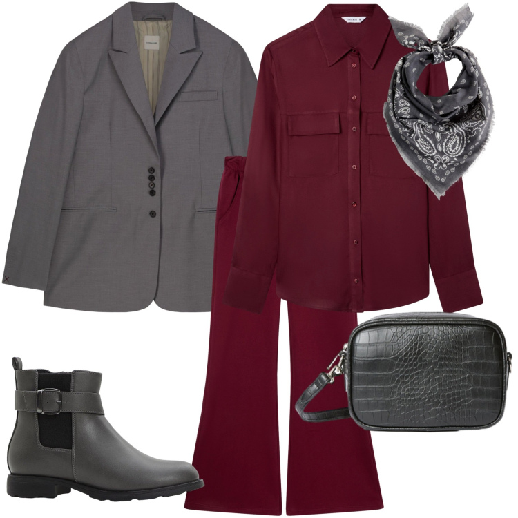 Outfit donna - Camicia e foulard. Stile Casual chic per Tutti i giorni. Abbinamento con foulard, stivaletti chelsea, camicie, pantaloni, blazer, borse a tracolla.