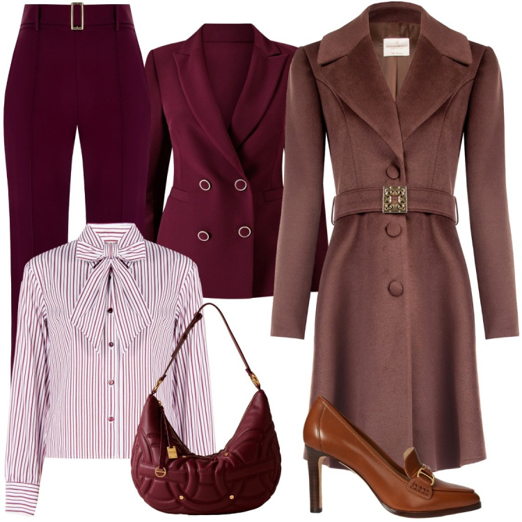 Outfit donna - Il completo bordeaux. Stile Chic per Ufficio. Abbinamento con cappotti, pantaloni, blazer, camicie, borse a spalla, décolleté.