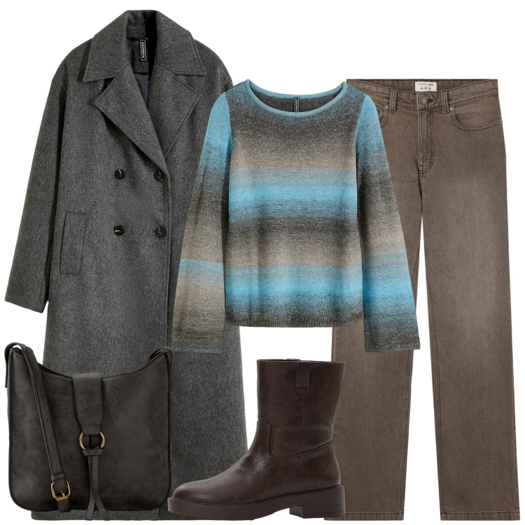 Outfit donna - Novembre. Stile Casual chic per Tutti i giorni. Abbinamento con maglieria, borse a tracolla, stivaletti, cappotti, jeans bootcut.