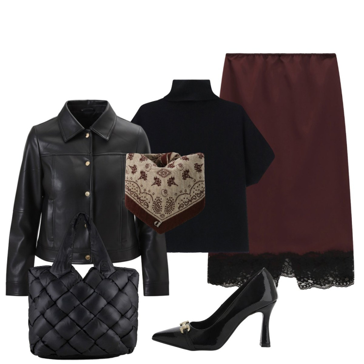 Outfit donna - Con le colleghe. Stile Glamour per Serata fuori. Abbinamento con giacche, maglieria, décolleté, gonne longuette, foulard, borse tote.