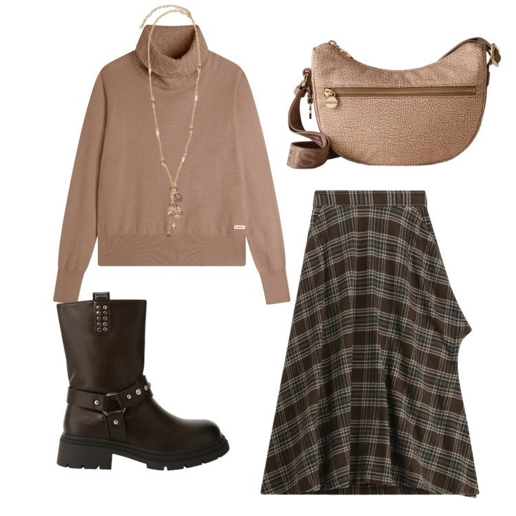 Outfit donna - Total look #2291519. Stile Trendy per Tutti i giorni. Abbinamento con stivali, borse a tracolla, maglieria, gonne lunghe, ciondoli.