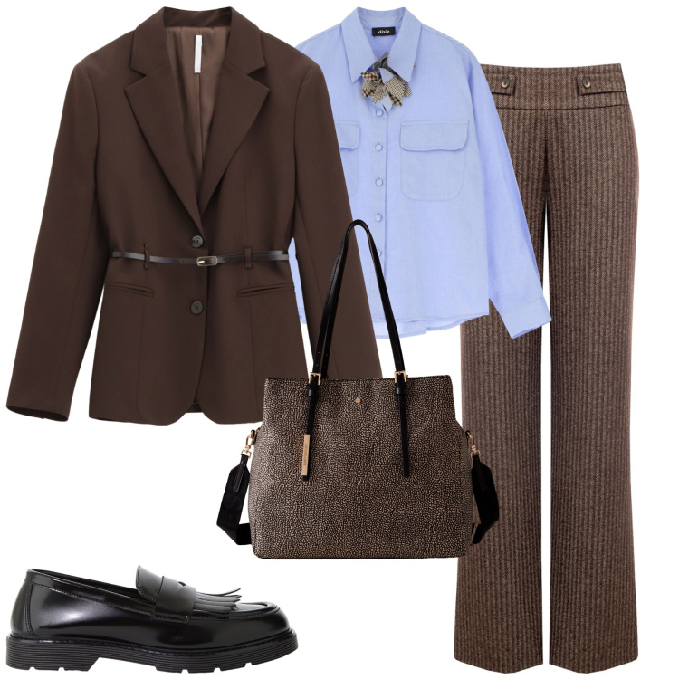 Outfit donna - Novembre. Stile Urban per Tutti i giorni. Abbinamento con pantaloni, blazer, shopping bag, camicie, mocassini.