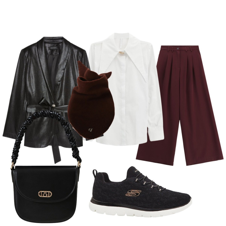 Outfit donna - Camicia e foulard. Stile Casual chic per Tutti i giorni. Abbinamento con sneakers, pantaloni, borse a mano, camicie, foulard, blazer.