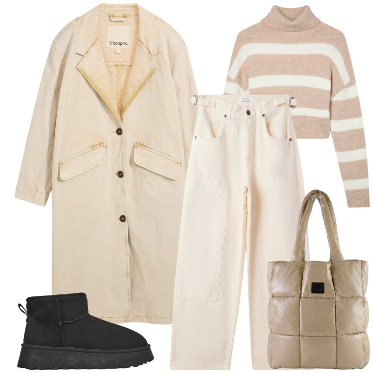 Outfit donna - City. Stile Casual per Tutti i giorni. Abbinamento con trench, pantaloni, maglieria, stivaletti, shopping bag.