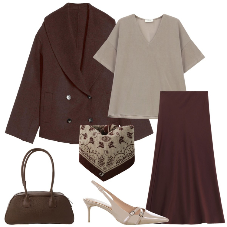 Outfit donna - Total look #2291529. Stile Chic per Tutti i giorni. Abbinamento con caban, décolleté, gonne lunghe, camicie a manica corta, borse a mano, foulard.