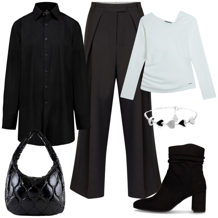 Outfit donna - Casual chic a Novembre. Stile Casual chic per Tutti i giorni. Abbinamento con maglieria, braccialetti, borse tote, camicie, pantaloni, stivaletti.