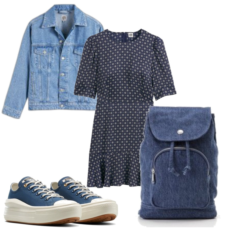 Outfit mujer - Casual look. Estilo Casual para Escuela/Universidad. Combinación con vestidos largos, blazers, sneakers, mochilas.