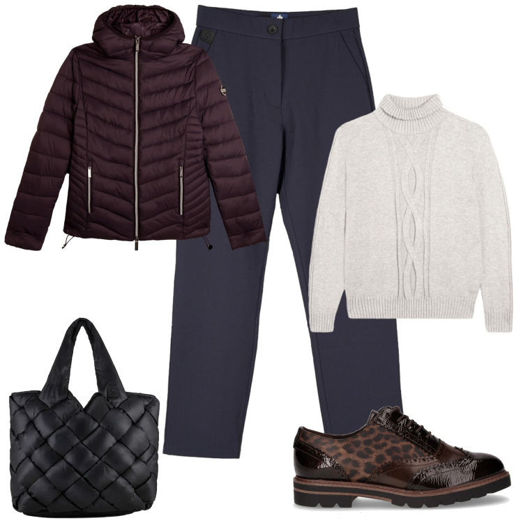Outfit donna - Novembre casual chic. Stile Casual chic per Tutti i giorni. Abbinamento con piumini, maglieria, borse tote, pantaloni chino, scarpe stringate.