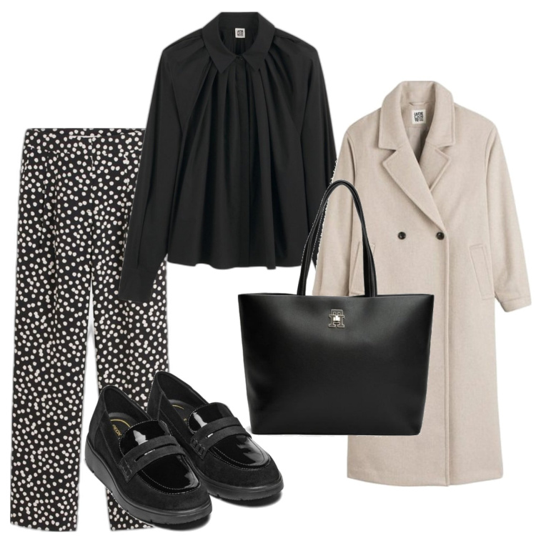 Outfit mujer - De oficina. Estilo Bon Ton para Oficina. Combinación con mocasines, camisas, abrigos, pantalones palazzo, bolso tote.