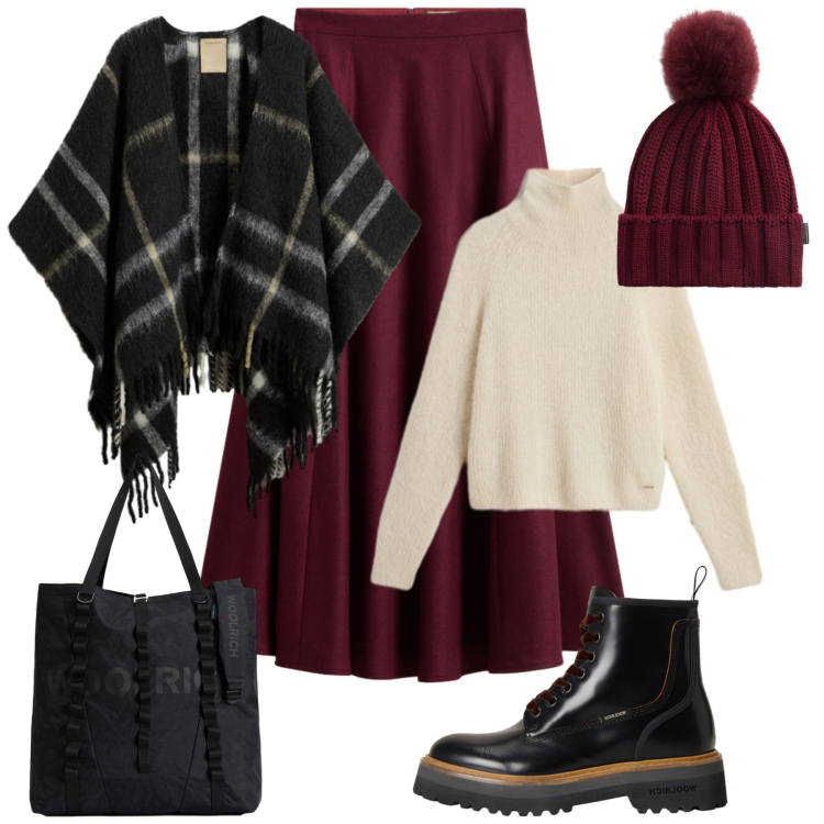 Outfit donna - Novembre casual chic. Stile Casual chic per Tutti i giorni. Abbinamento con maglieria, anfibi, borse tote, gonne lunghe, cappe, berretti.