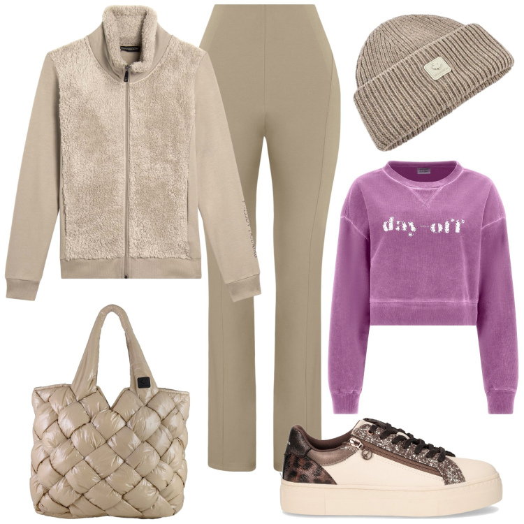 Outfit donna - Casual chic a Novembre. Stile Casual chic per Tutti i giorni. Abbinamento con pantaloni, felpe, felpe, cappelli, borse tote, sneakers.