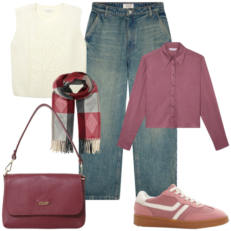 Outfit donna - Novembre purple. Stile Casual per Tutti i giorni. Abbinamento con sneakers, sciarpe, jeans, camicie, maglieria, borse a tracolla.