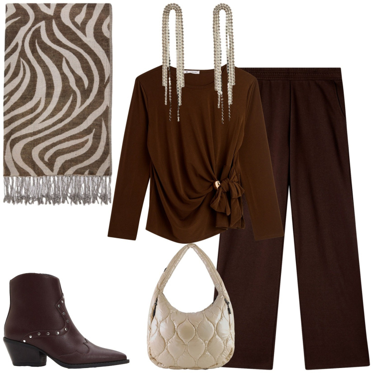 Outfit donna - Cioccolato. Stile Casual chic per Tutti i giorni. Abbinamento con stivaletti texani, bluse, orecchini, pantaloni, borse tote, foulard.