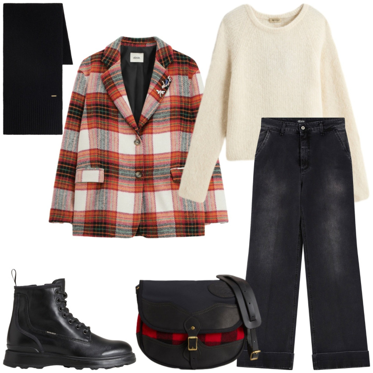 Outfit donna - Total look #2291562. Stile Chic per Tutti i giorni. Abbinamento con jeans, blazer, maglieria, borse a tracolla, anfibi, sciarpe.